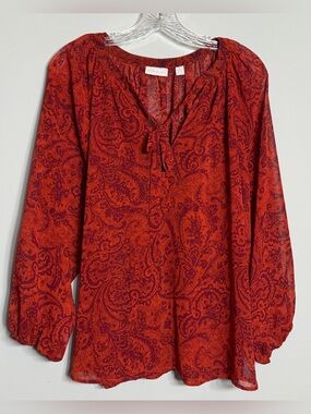 New York & Company Red Paisley Peasant Blouse Size M
